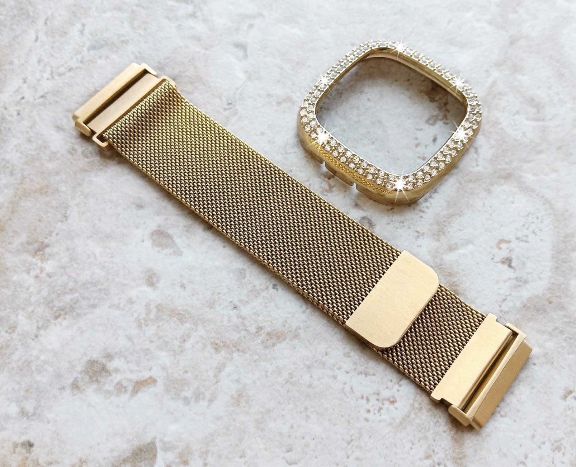 Fitbit Watch Gold Color Band Set Crystal Bezel Bling Case Cover for Versa 2 3 4 and Sense 1 2 Smartwatches Milanese Strap Protective Frame